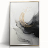 Framed abstract modern wall art collection featuring gold-accented design on a sleek acrylic surface, ideal for contemporary decor.