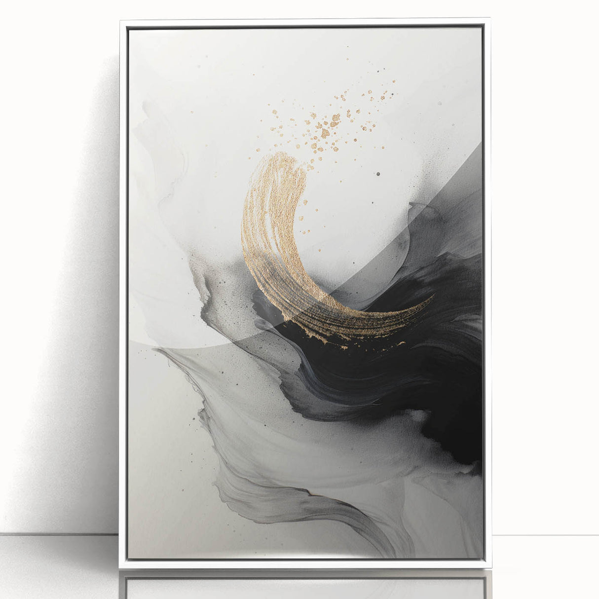 Framed abstract modern wall art featuring vibrant geometric shapes in various colors, set against a sleek white background for contemporary decor.