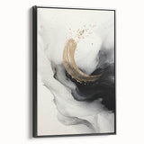 Framed abstract modern wall art collection featuring a striking design with bold colors and geometric shapes, viewed from the side to highlight the black frame.