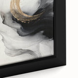 Close-up of an abstract modern design canvas wall art piece, showcasing vibrant colors and intricate patterns within a sleek black frame.
