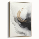 Framed canvas wall art showcasing an abstract modern design with gold accents, viewed from the side, perfect for contemporary decor.