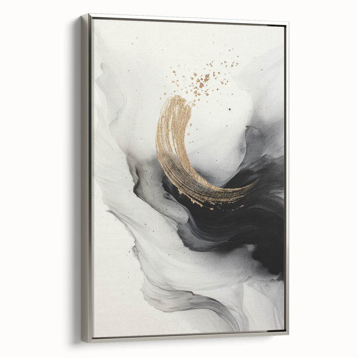 Framed abstract modern wall art with a silver frame, showcasing vibrant colors and dynamic shapes, perfect for contemporary home decor.