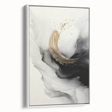 Framed abstract modern wall art design featuring vibrant colors and geometric shapes, displayed in a sleek white frame from a side view.