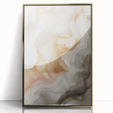 Framed abstract modern wall art featuring a gold and white design, showcasing elegant geometric shapes and a sleek acrylic front for contemporary decor.