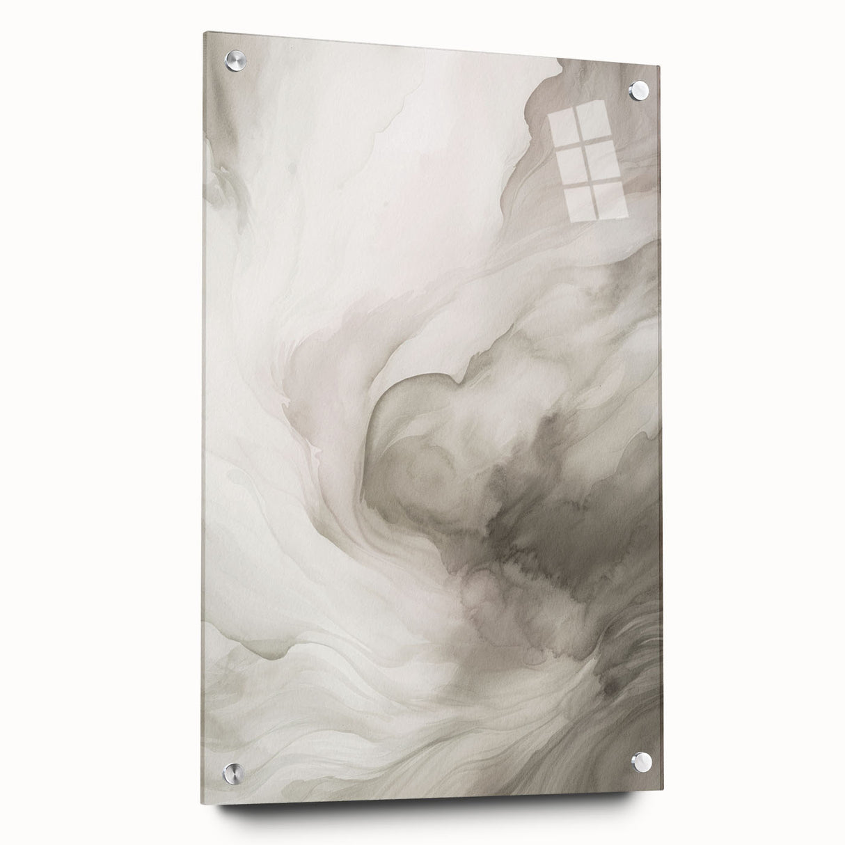 Abstract modern wall art collection displayed in acrylic glass, showcasing vivid colors and intricate designs, mounted with stylish pins.