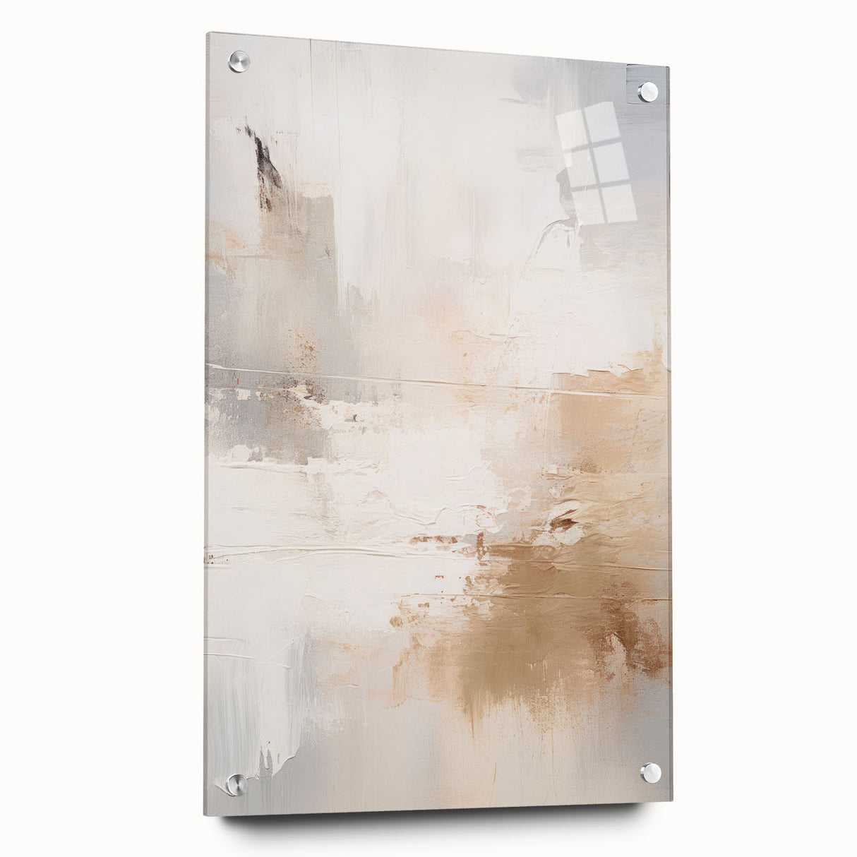Abstract modern wall art collection displayed on an acrylic glass frame, showcasing vibrant colors and geometric patterns, ideal for contemporary home decor.