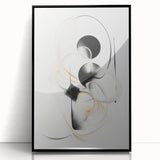 Framed wall art featuring an abstract modern design with vibrant colors and geometric shapes, set against a sleek black frame, ideal for contemporary decor.