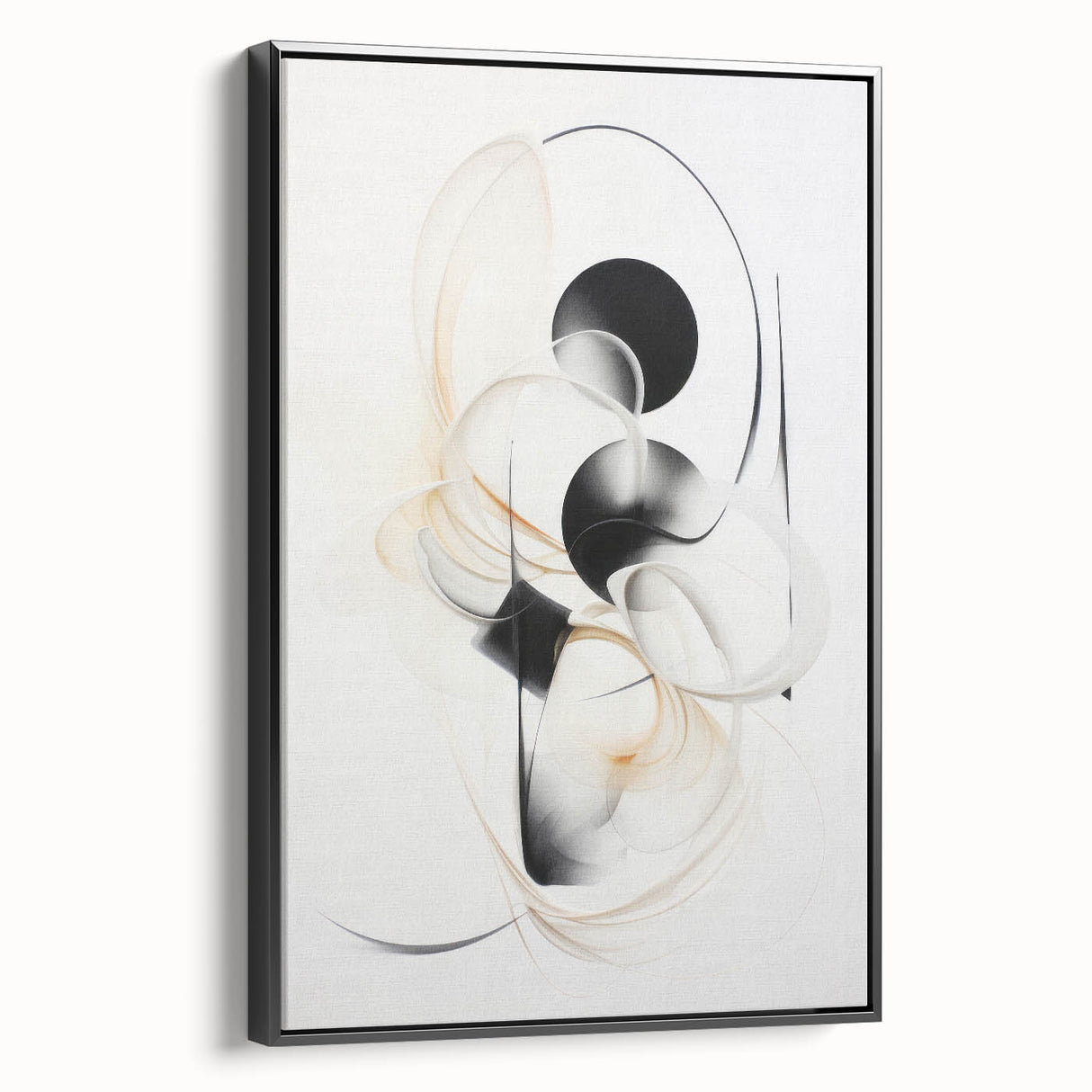 Framed black canvas wall art featuring an abstract modern design, showcasing bold geometric patterns and vibrant colors, ideal for contemporary home decor.