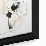 Close-up of an abstract modern design wall art piece featuring vibrant colors and geometric shapes, framed in a sleek black frame, ideal for contemporary decor.