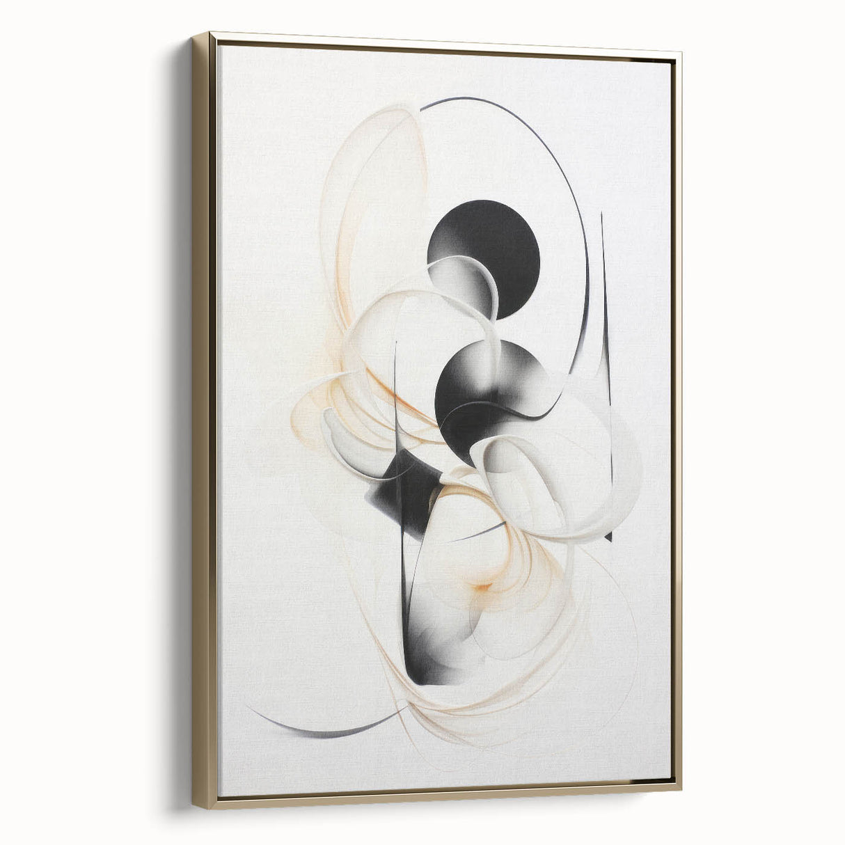 Framed canvas wall art showcasing an abstract modern design with gold accents, presented in a side view to highlight its elegant details and contemporary aesthetic.