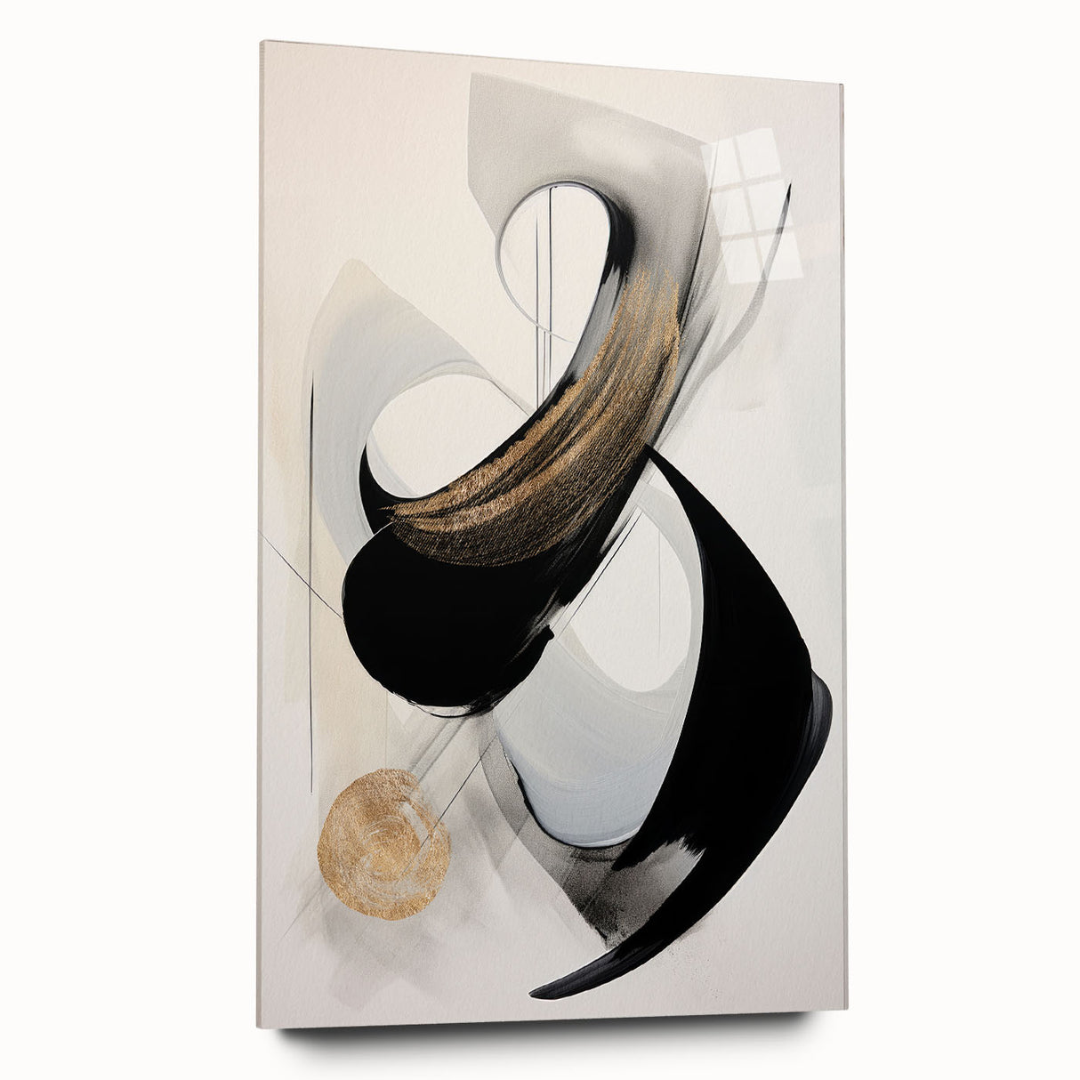 Abstract modern wall art piece showcasing vibrant geometric patterns in bold colors, displayed on a sleek acrylic glass mount, emphasizing contemporary style and artistic flair.