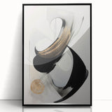 Framed abstract modern wall art design in black, showcasing geometric patterns and vibrant colors, ideal for contemporary home decor and artistic interiors.