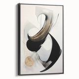 Framed canvas wall art displaying an abstract modern design with geometric shapes in bold colors, presented from a side view against a neutral backdrop.