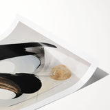 Abstract modern wall art print featuring vibrant geometric shapes in blue, orange, and yellow colors, rolled and ready for display in a cardboard tube. Ideal for contemporary home decor.