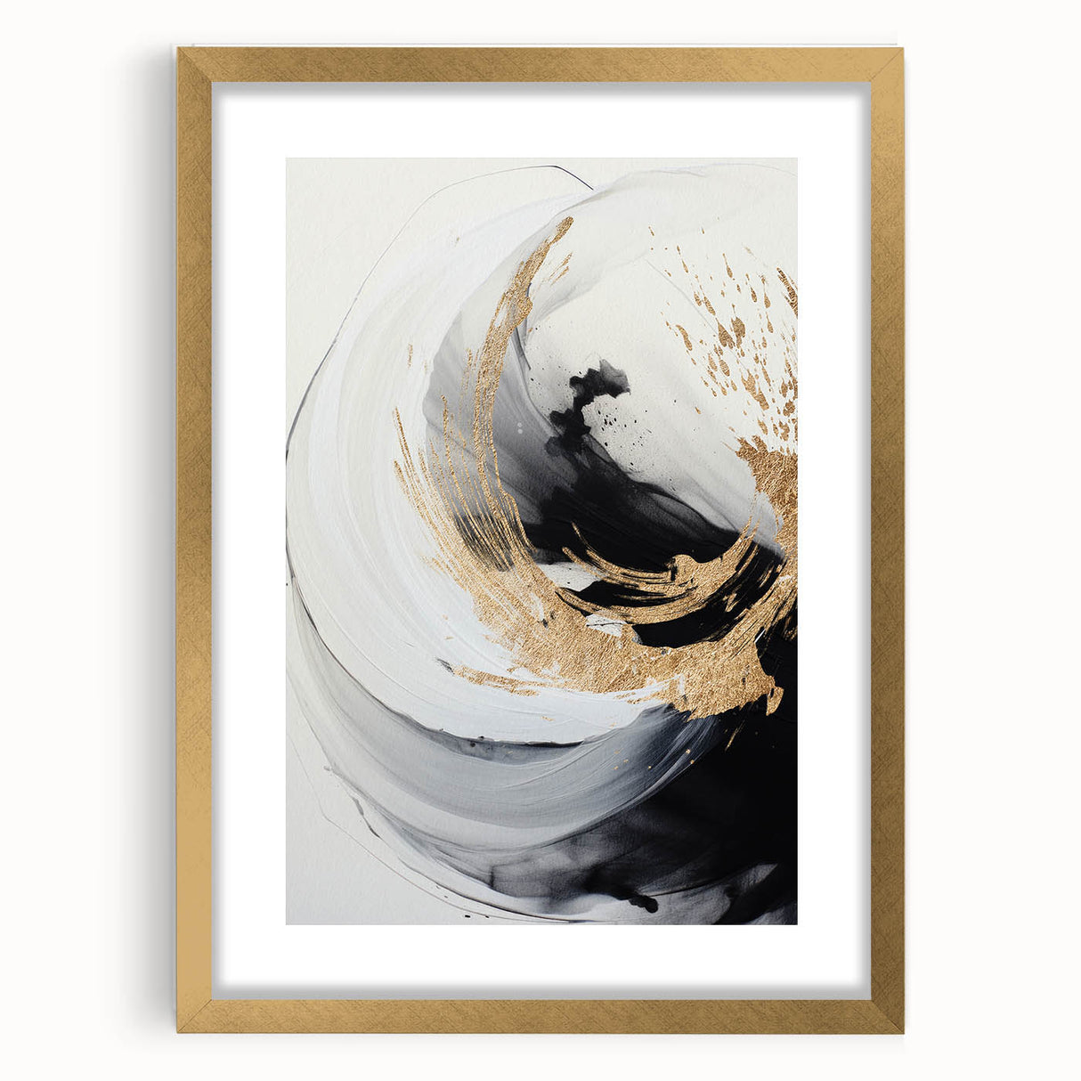 Abstract modern wall art collection featuring a gold-framed design with a mat, showcasing geometric shapes and vibrant colors, perfect for contemporary decor.