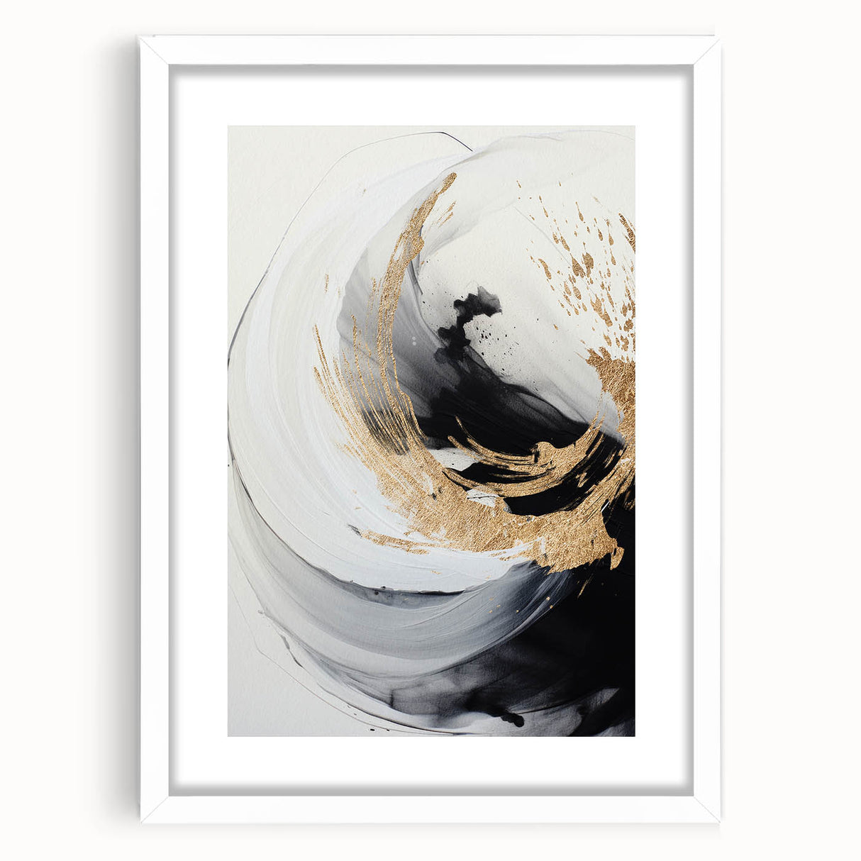Abstract modern wall art collection featuring a white frame with mat, showcasing vibrant colors and geometric shapes, ideal for contemporary home decor.
