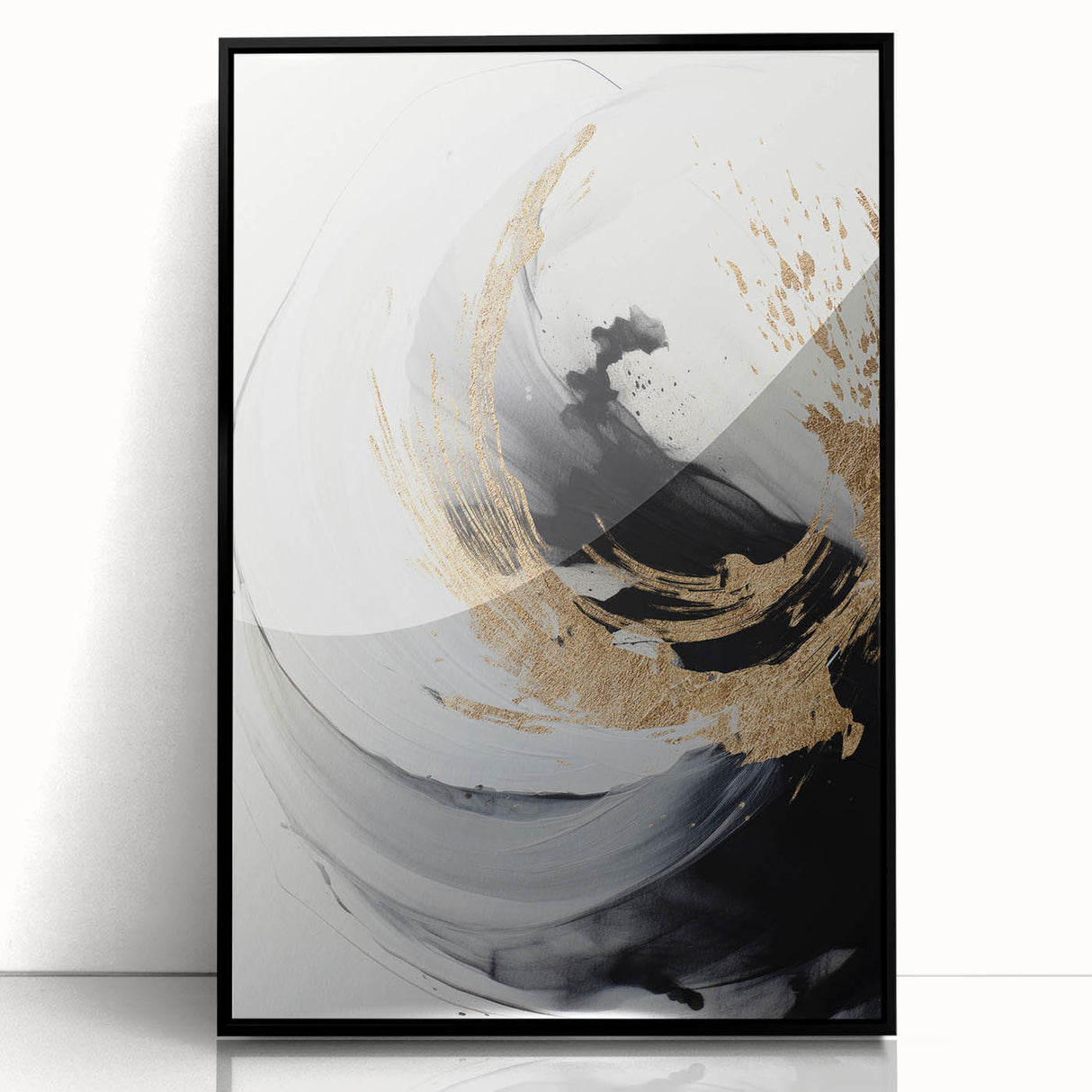 Framed abstract modern wall art design featuring bold geometric shapes in vibrant colors, set against a sleek black frame for contemporary decor.
