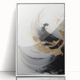 Framed abstract modern wall art design featuring a vibrant color palette with geometric patterns, set against a sleek white frame, ideal for contemporary decor.