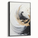 Framed canvas wall art showcasing an abstract modern design with vibrant colors, featuring a black frame and a side view perspective, perfect for contemporary decor.