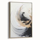 Framed abstract modern wall art featuring a geometric design in gold tones, showcasing a side view that highlights its elegant frame and contemporary aesthetic, perfect for enhancing living spaces.