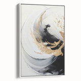 Framed canvas featuring an abstract modern design with vibrant colors and geometric shapes, displayed from the side against a neutral background, ideal for contemporary decor.