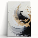 Abstract modern wall art featuring vibrant colors and geometric shapes on a stretched canvas, leaning against a minimalist backdrop, ideal for contemporary decor.