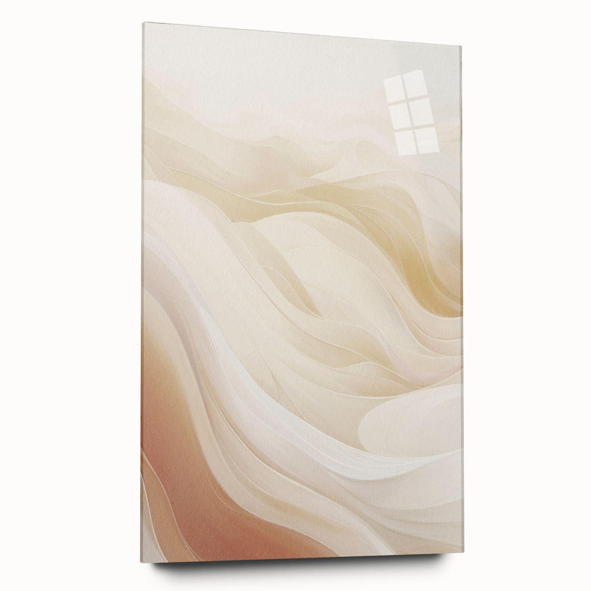 Abstract modern wall art collection displayed in acrylic glass, showcasing vibrant colors and geometric designs from a side view, perfect for contemporary decor.