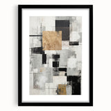 Framed abstract modern wall art collection featuring geometric shapes in a sleek black frame, showcasing vibrant colors and a contemporary design, perfect for enhancing home decor.