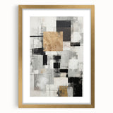 Abstract modern wall art collection framed with a mat in gold, showcasing a contemporary design featuring geometric shapes and vibrant colors, ideal for enhancing home decor.