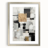 Abstract modern wall art collection featuring a silver frame and mat, showcasing vibrant geometric patterns. This stylish piece is perfect for contemporary home decor, adding a touch of elegance and creativity to any room.