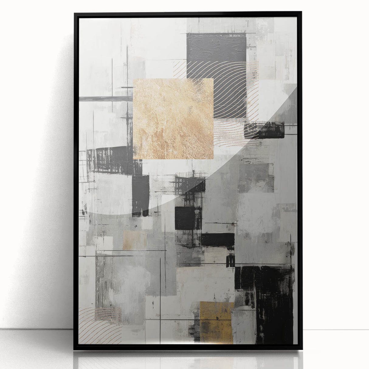 Framed abstract modern wall art collection showcasing vibrant colors and geometric patterns, displayed with a sleek black frame for a contemporary aesthetic. Perfect for enhancing living spaces or offices with stylish decor.