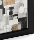 Close-up of a modern abstract wall art piece featuring vibrant colors and geometric shapes, presented in a sleek black frame, ideal for contemporary home decor.