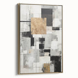 Framed canvas art showcasing an abstract modern design with gold accents, displayed from a side view, highlighting its sleek profile and contemporary aesthetic. Ideal for enhancing home decor with a touch of elegance.