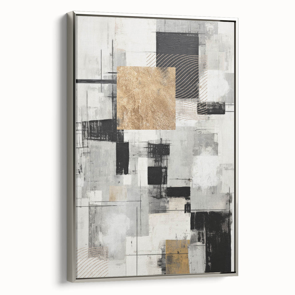 Framed abstract modern wall art piece featuring a silver side view, showcasing geometric shapes and vibrant colors, perfect for contemporary home decor.