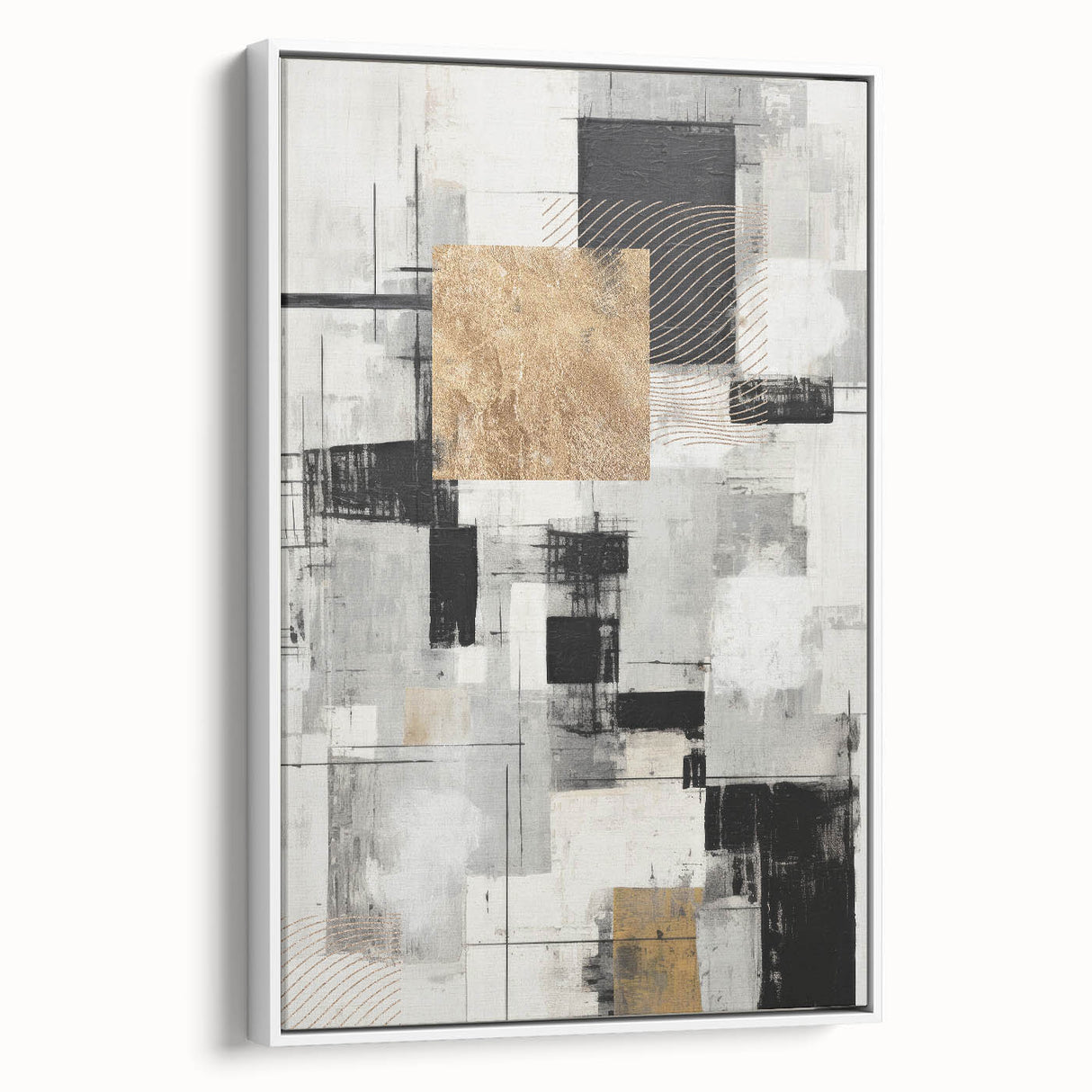 Framed canvas wall art showcasing an abstract modern design with vibrant colors and geometric shapes, viewed from the side against a white background, enhancing contemporary decor.