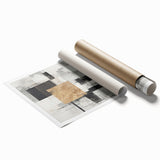 Abstract modern wall art print showcasing vibrant colors and geometric shapes, rolled and ready for display, designed to enhance contemporary interiors.