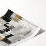 Abstract modern wall art collection featuring vibrant geometric shapes in shades of blue, orange, and yellow, printed on high-quality rolled canvas, ideal for contemporary decor.