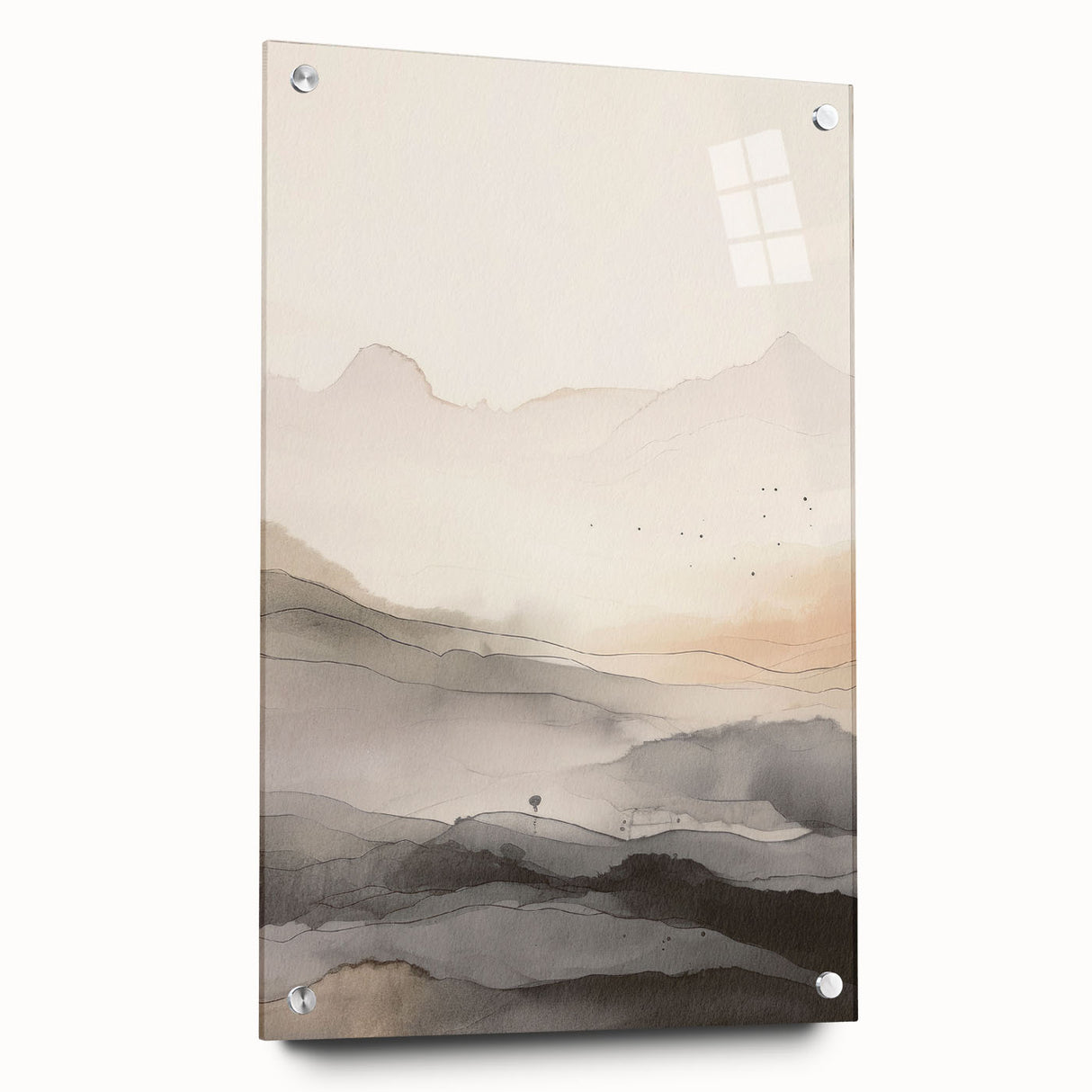 Abstract modern wall art collection displayed in a side view, featuring vibrant colors and geometric patterns on acrylic glass with decorative pins. Perfect for contemporary home decor.