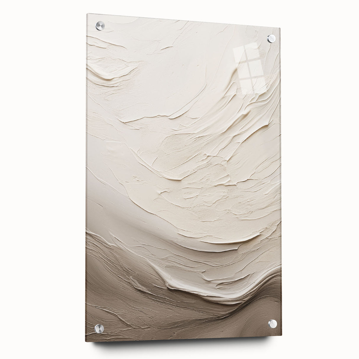 Abstract modern wall art collection displayed in a side view, showcasing vibrant colors and unique design elements on acrylic glass with pins for hanging.