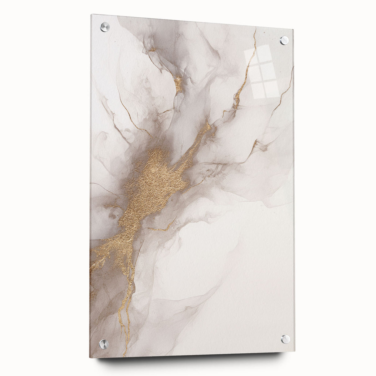 Acrylic glass wall art collection showcasing an abstract modern design with vibrant colors and unique textures, elegantly displayed with decorative pins.