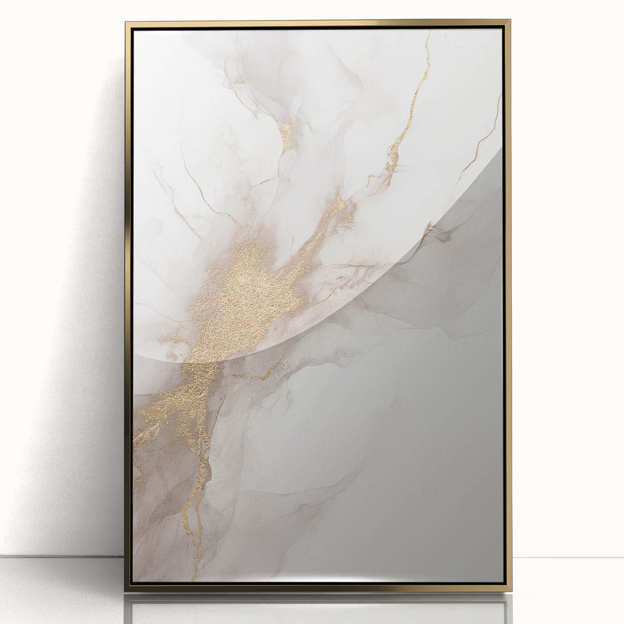 Framed acrylic wall art featuring an abstract modern design with gold accents, showcasing a sleek front view that enhances contemporary home decor aesthetics.