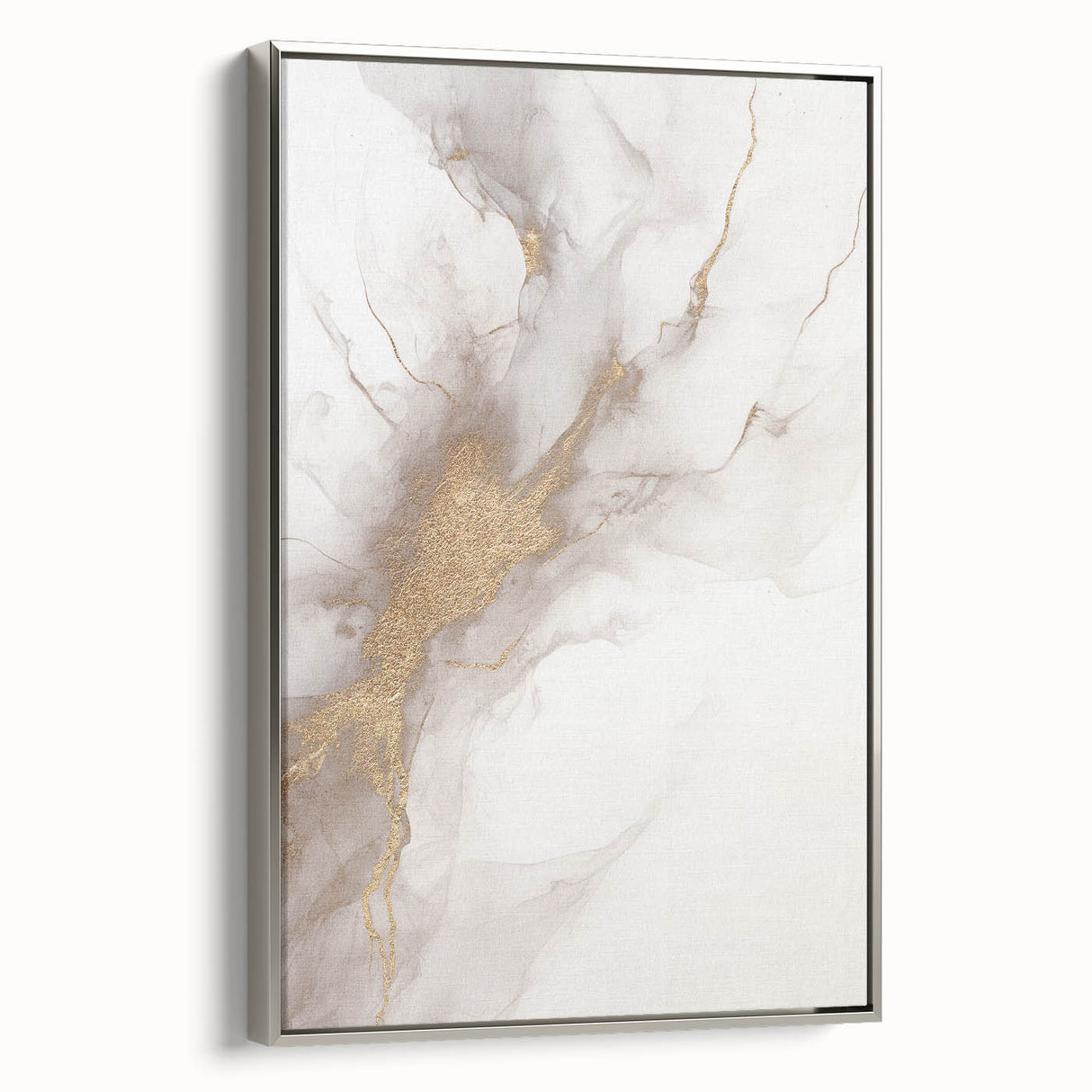 Framed abstract modern wall art collection showcasing intricate geometric patterns in silver tones, side view highlighting its elegant design and canvas texture.