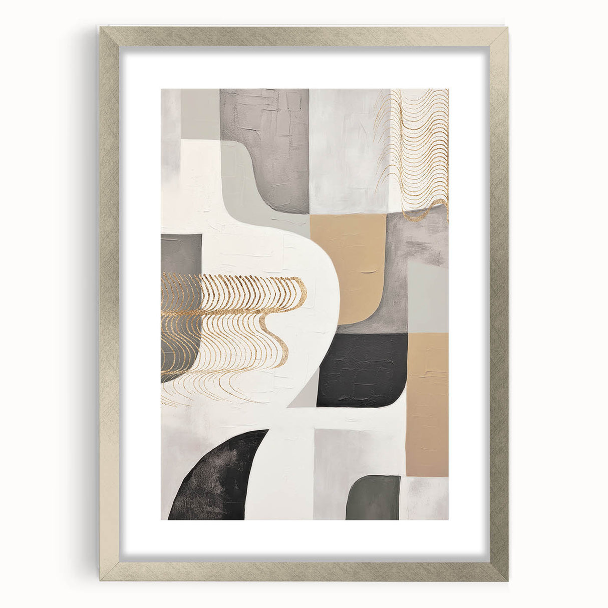 Abstract modern wall art collection featuring a framed silver design with a mat, showcasing geometric patterns and a contemporary aesthetic, perfect for stylish home decor.