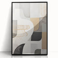 Framed wall art featuring a modern abstract design with bold colors and geometric shapes, displayed in a sleek black frame, perfect for contemporary home decor.