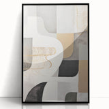 Framed wall art featuring a modern abstract design with bold colors and geometric shapes, displayed in a sleek black frame, perfect for contemporary home decor.