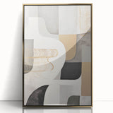 Framed wall art featuring an abstract modern design in gold tones, showcasing geometric shapes and fluid lines, perfect for contemporary decor.