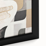 Close-up of a framed abstract modern wall art piece showcasing vibrant colors and geometric patterns, perfect for contemporary home decor. This unique design adds a stylish touch to any living space, enhancing visual interest and artistic flair.