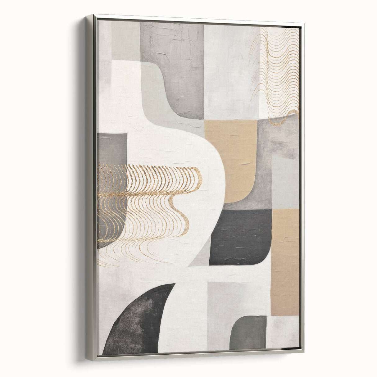 Framed abstract modern wall art in silver, showcasing vibrant colors and geometric patterns. Perfect for contemporary decor, adding sophistication to any room.