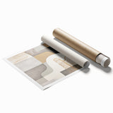 Abstract modern wall art print showcasing vibrant geometric shapes in blue, orange, and yellow tones, highlighting contemporary design aesthetics for home decor, suitable for framing.