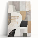 Abstract modern wall art design featuring bold colors and geometric shapes on stretched canvas, leaning against a minimalist backdrop, perfect for contemporary decor.